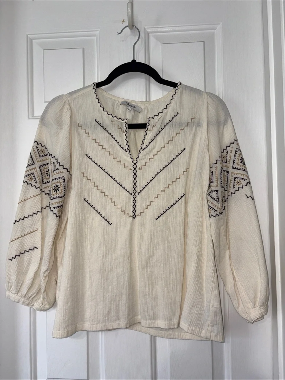 Madewell Embroidered Peasant Blouse - Cream with Black & Brown Stitching